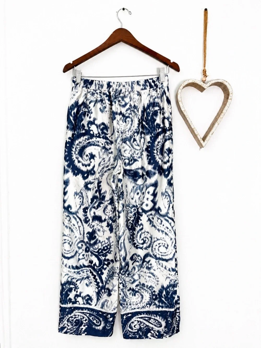 Elie Tahari Blue White Paisley Print Wide Leg Pants Coastal Boho Cottagecore SM
